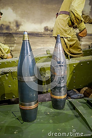 BELARUS, MINSK - MAY 01, 2018: Close up of bombs used during the war inside of the Museum of the Great Patriotic War in Editorial Stock Photo