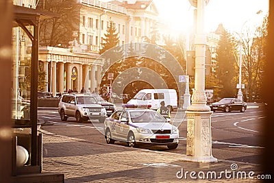 BELARUS, MINSK, OCTOBER 26, 2017. police car and policeman in the street Editorial Stock Photo