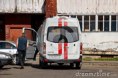 BELARUS, NOVOPOLOTSK - MAY 28, 2020: Back door of ambulance Editorial Stock Photo