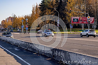 BELARUS, NOVOPOLOTSK - SEPTEMBER 29, 2019: Police car on wide empty road Editorial Stock Photo