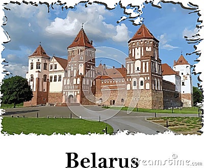 Belarus old castle and city name Mir Belarussian historical architecture vector illustration for print on souvenir and magnets Vector Illustration