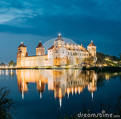 Belarus. Scenic View Of Mir Castle Complex In Bright Evening Illumination Stock Photo