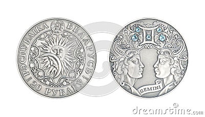 Belarus silver coin astrology Gemini isolated Stock Photo