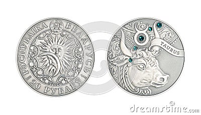 Belarus silver coin astrology Taurus isolated Stock Photo