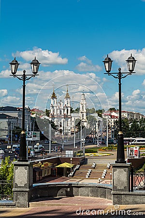 Belarus, Vitebsk. Architecture of the central part of the city. View of the cathedral, Lenin Street. Editorial Stock Photo