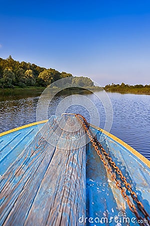 Belarussian Travel Destinations. The Pripyat River with Motorboat Passing Along the Shore Stock Photo