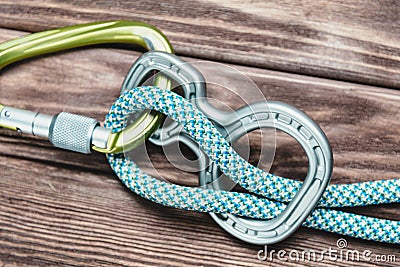 Mountaineering belay device with rope. Stock Photo