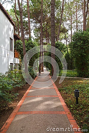 Beldibi, Turkey, Hotel Club Salima October 14 2018, alley between the cottages of the hotel among the pines Editorial Stock Photo
