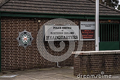 Belfast, Co Antrim, Northern Ireland, February 17th 2023. PSNI Headquarters view from of signage from street Editorial Stock Photo