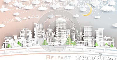 Belfast Northern Ireland. Winter City Skyline in Paper Cut Style with Snowflakes, Moon and Neon Garland. Christmas, New Year Stock Photo