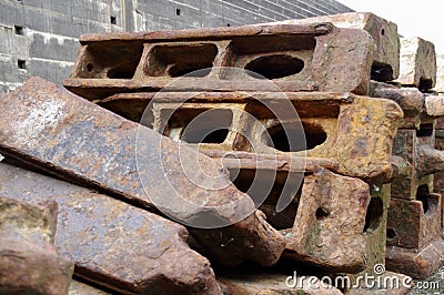 Giant Iron ship supports from the Titanic Dry Dock. Belfast, UK. August 19, 2013. Stock Photo