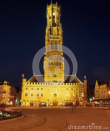 The Belfry at night, Bruges. Editorial Stock Photo