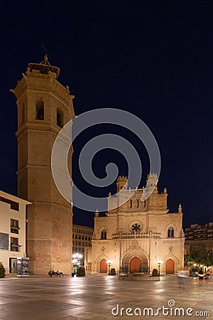 Belfry and Saint Mary cathedral at night, Castellon de la Plana, Spain Editorial Stock Photo