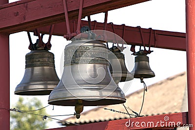 Belfry. Uspensky Assumption Monastery, Old Staraya Ladoga. Russia inscription on a bell - bells foundry Stock Photo