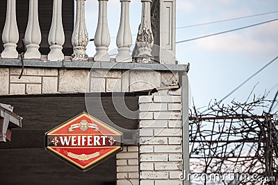 Logo of Weifert Pivo beer on a bar selling it. Editorial Stock Photo