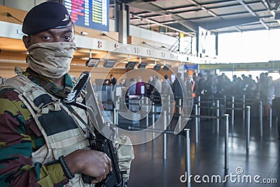 Belgian anti terror soldier on Charleroi Airport in Belgium Editorial Stock Photo