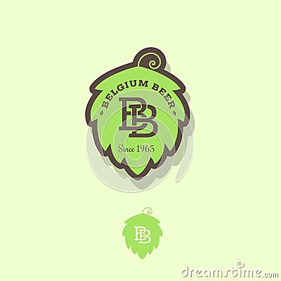 Belgian beer logo. Beer emblem as green hop with letters B. Vector Illustration