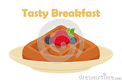 Belgian, chinese waffle - chocolate, cream and berries. Cartoon flat style Vector Illustration