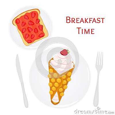 Belgian, chinese waffle with cream, berries, toast with strawberry jam Vector Illustration