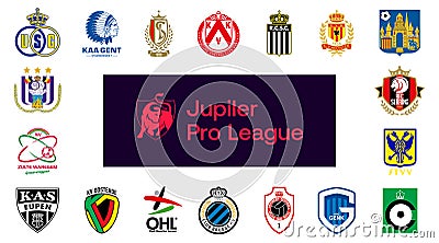 Belgian First Division A. Antwerp, Saint-Gilloise, Genk, Standard Liege, Oostende, Zulte Waregem, Westerlo, Charleroi, Anderlecht Vector Illustration