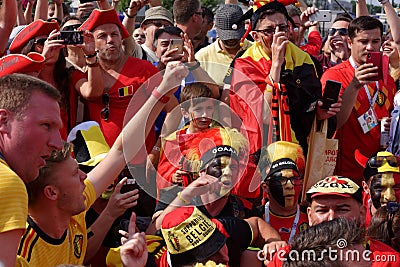 Belgian football fans singing at Saint Petersburg stadium during FIFA World Cup Russia 2018 Editorial Stock Photo