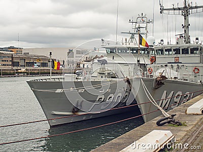 Belgian Navy military ships berthed on River Liffey, Dublin, Ireland. Editorial Stock Photo