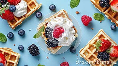 Belgian waffle ads with delicious fruit and cream Stock Photo