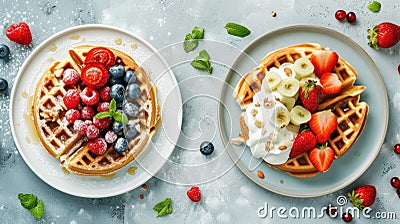 Belgian waffle ads with delicious fruit and cream Stock Photo