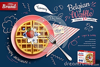 Belgian waffle ads with fruit Vector Illustration