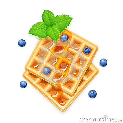 Belgian Waffle, blueberries, honey and peppermint. Dessert sweetness. Vector Illustration