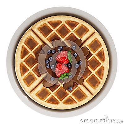 Belgian waffle with chocolate sauce and berries isolated on white background. 3D illustration Cartoon Illustration