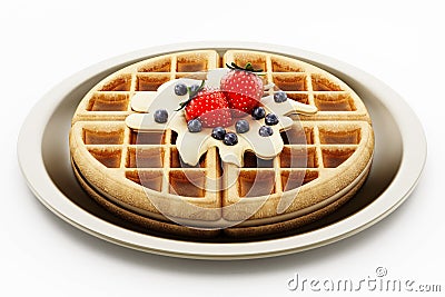 Belgian waffle with chocolate sauce and berries isolated on white background. 3D illustration Cartoon Illustration