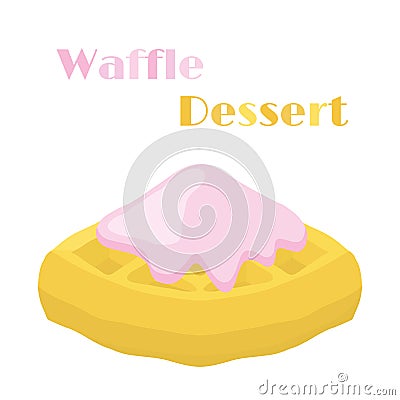 Belgian waffle with cream, tasty breakfast in cartoon flat style Vector Illustration