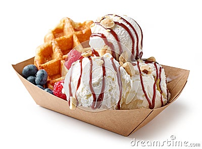 Belgian waffle with fresh berries and vanilla ice cream Stock Photo