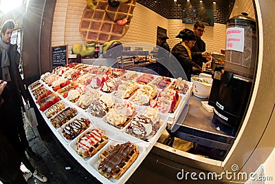 Belgian waffle shop in Brussels Editorial Stock Photo