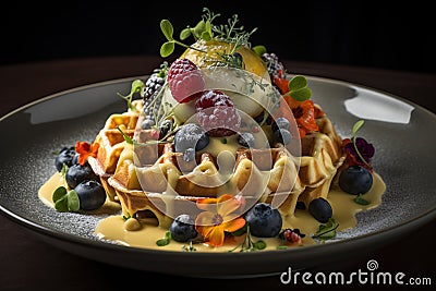 Belgian waffle withe cream and berries on a dark background, Generative AI Stock Photo