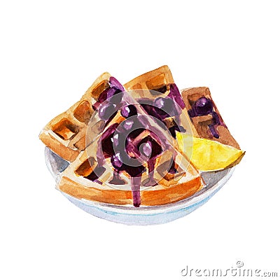 Belgian waffles with cherry syrup in a white dish, watercolor illustration Cartoon Illustration