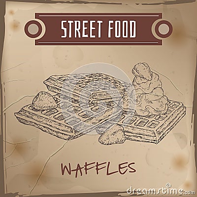 Belgian waffles with cream and strawberries sketch on grunge background Vector Illustration