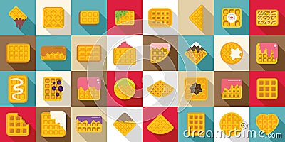 Belgian waffles icons set flat vector. Belgium appetizer cream Stock Photo