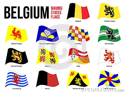 Belgium All Region & Provinces Flag Waving Vector Illustration on White Background. Flags of Belgium Vector Illustration