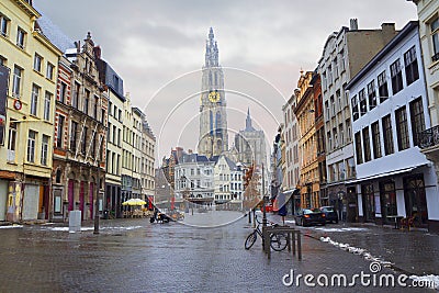 Belgium. Antwerp. The view of The Antwerp Cathedral from the street. Stock Photo