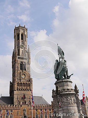 Belgium, Bruges May 10 2019 435 p.m., Tower at the large market called Belfried, 83 meters high, contains 47 bells and 366 steps Editorial Stock Photo