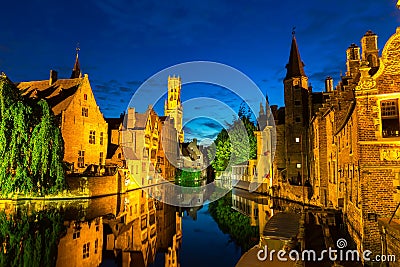 Belgium, Brugge, night cityscape, panoramic view Stock Photo