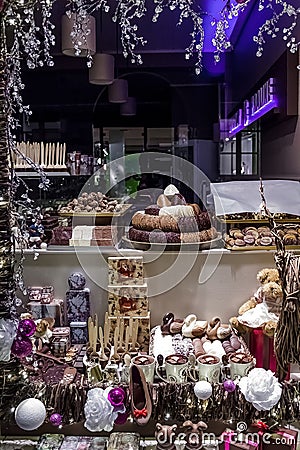 Belgium chocolate window shop Stock Photo