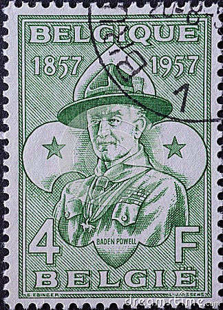 BELGIUM - CIRCA 1957: A postage stamp from Belgium on the 50th anniversary of the boy scouts organization showing a portrait of Ba Editorial Stock Photo