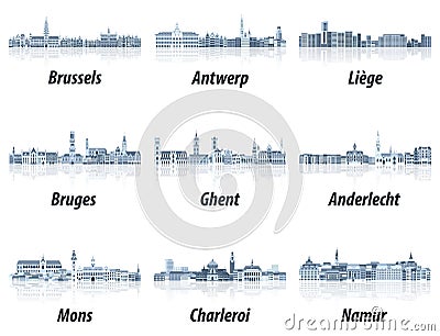 Belgium main cities cityscapes in tints of blue color palette.C¡rystal aesthetics style Vector Illustration