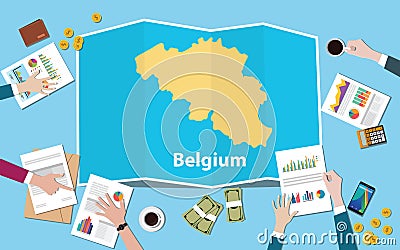 Belgium economy country growth nation team discuss with fold maps view from top Cartoon Illustration