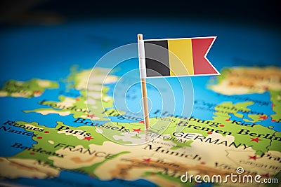 Belgium marked with a flag on the map Editorial Stock Photo