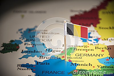 Belgium marked with a flag on the map Editorial Stock Photo