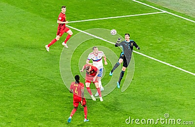 Belgium national football team goalkeeper Thibaut Courtois clearing a cross during EURO 2020 match Belgium vs Russia 3-0 Editorial Stock Photo